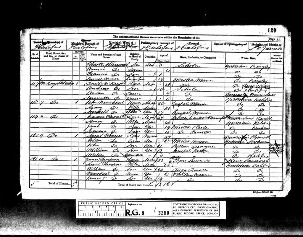 1861 Halifax census listing John Thomas, pattern designer and William Thomas, carpet packer