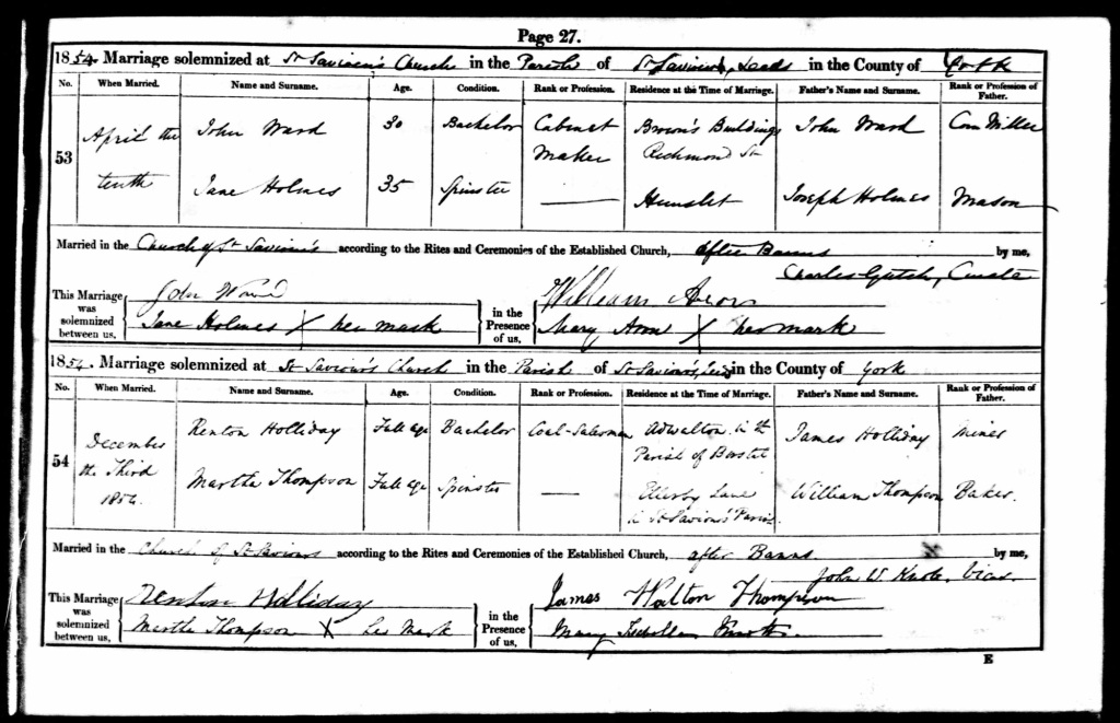 Old handwritten marriage record with two marriages listed